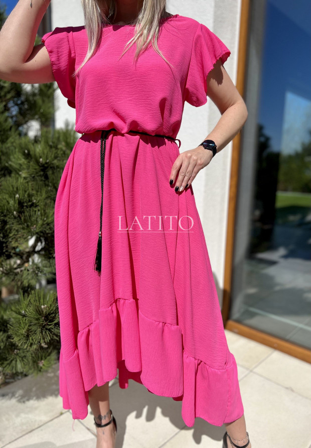 Sukienka z falbaną i plecionym paskiem Bella Pink