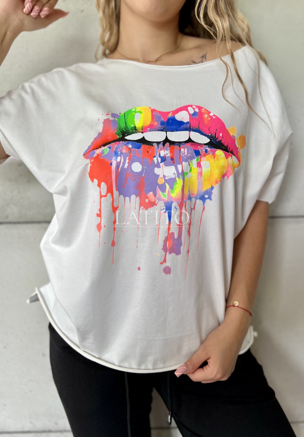 T-shirt z nadrukiem Neon Lips Ecru