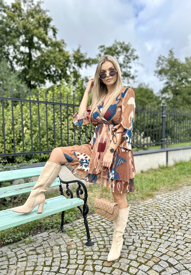 Wzorzysta sukienka z falbanami Valentina Light Brown