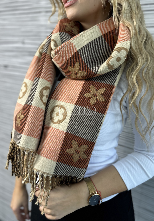 Dwustronny szal w kratę Betty Beige&Orange