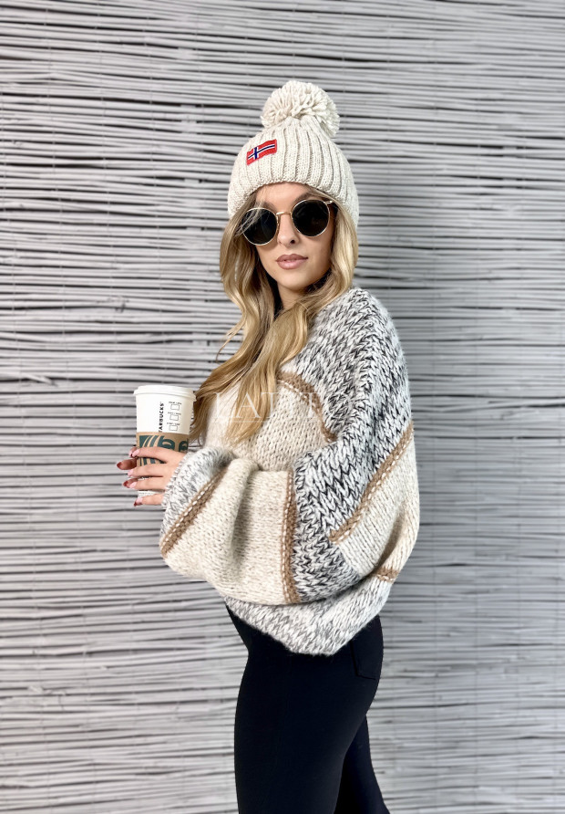 Sweter oversize w paski Perfect look Beige&Grey