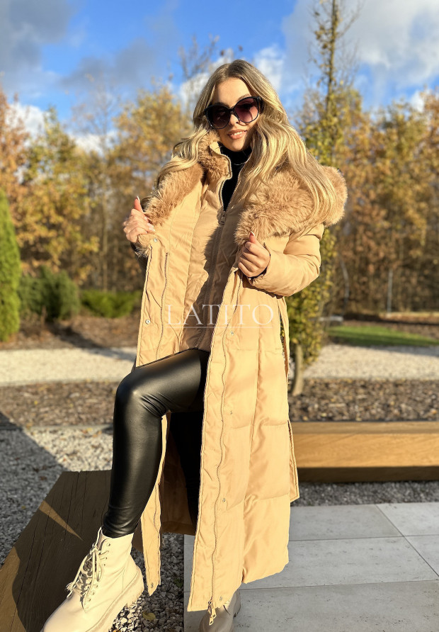 Długi pikowany płaszcz z futerkiem Flame Camel