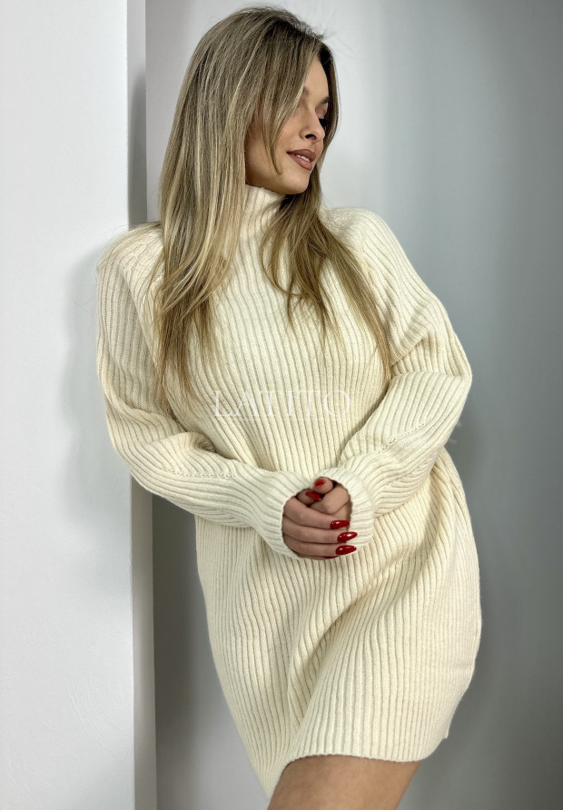 Dzianinowa prążkowana sukienka sweter Cozy Ecru