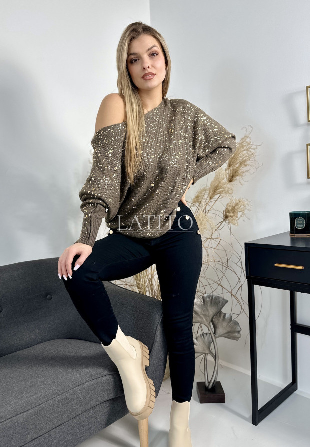 Oversizowy sweter ze złotym zdobieniem Gold Autumn Brown