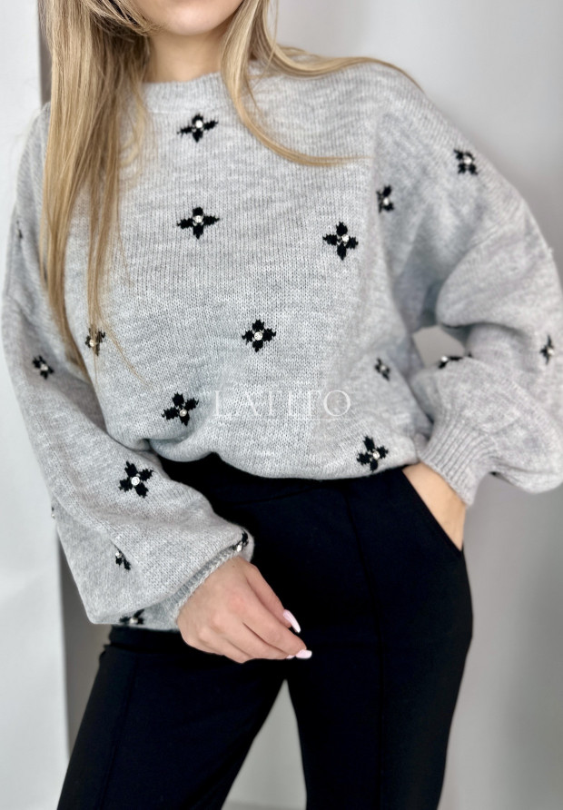 Krótki sweter we wzory Black Flower Grey