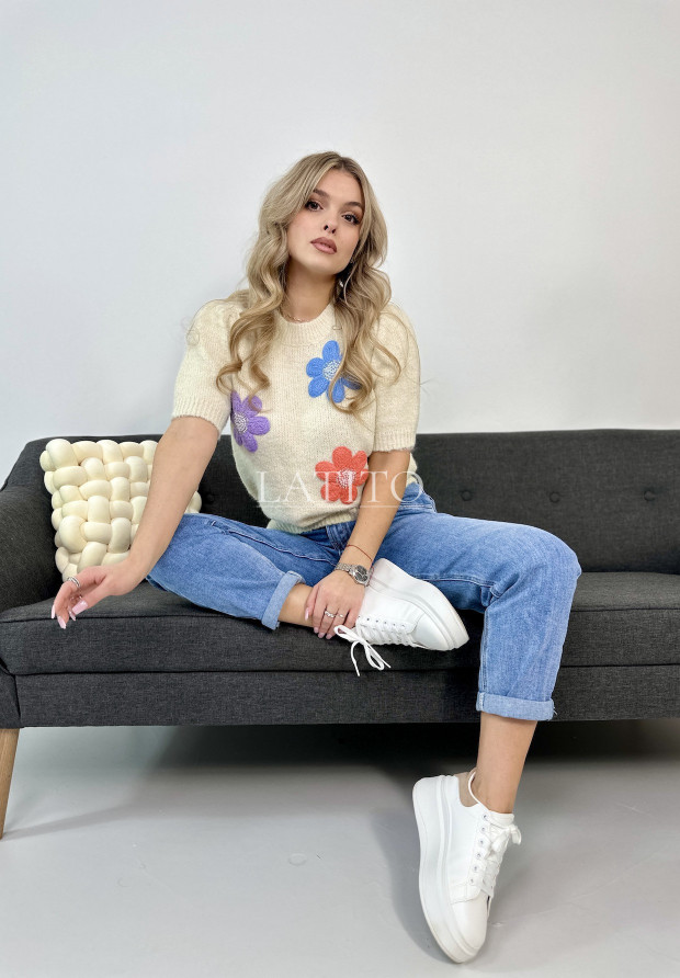 Sweter z krótkim rękawem Colorful flowers Ecru