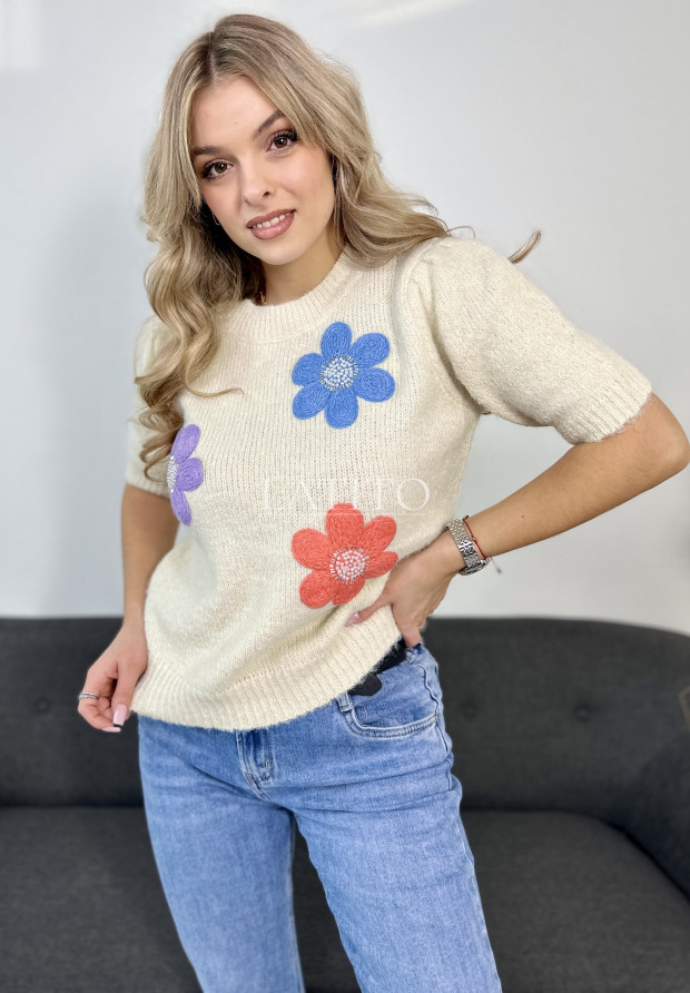 Sweter z krótkim rękawem Colorful flowers Ecru