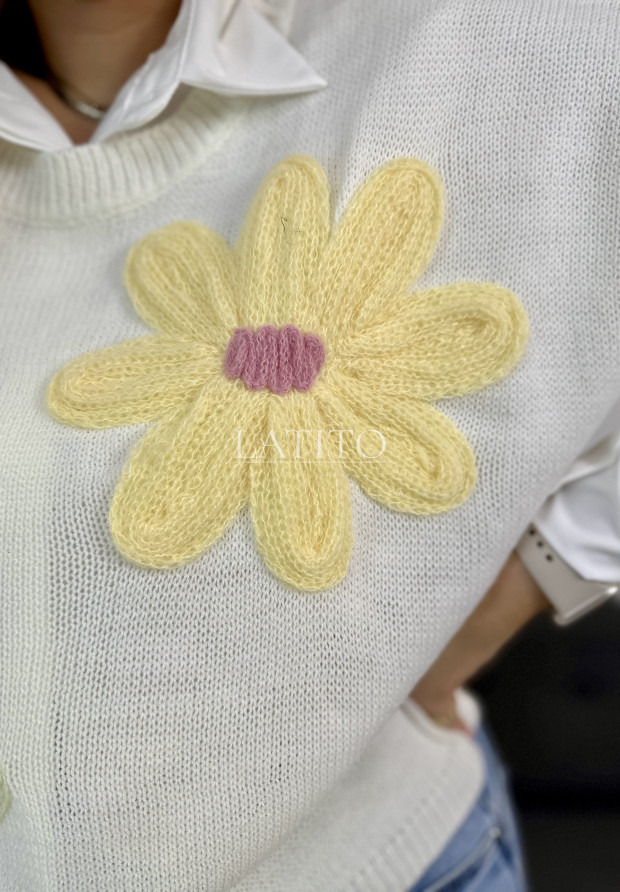 Krótki sweter z aplikacja kwiatów Marconi Ecru
