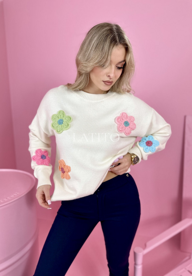 Sweter z aplikacja kwiatów Mitless Beige