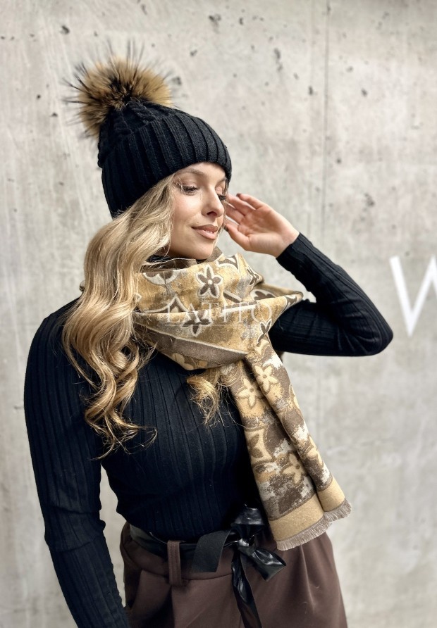 Szal z motywem w kwiaty Shawl Brown