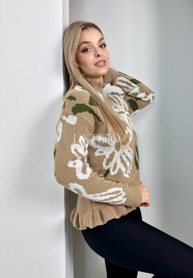 Sweter w kwiaty z falbanką Winter Flower Brown