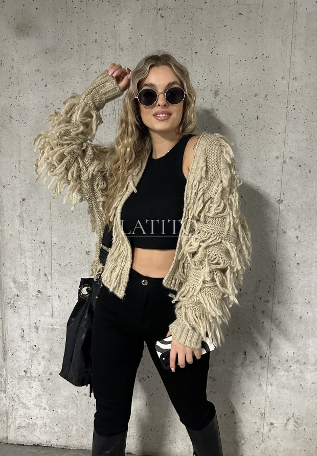 Krótki kardigan z frędzlami Gaia Beige