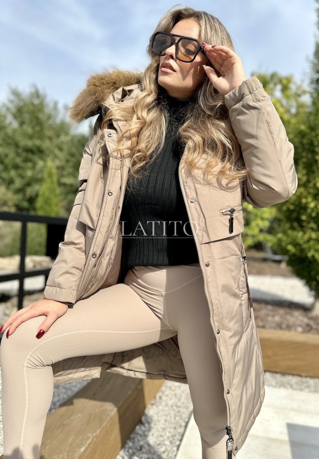 Długa kurtka z naturalnym futerkiem Neck Beige