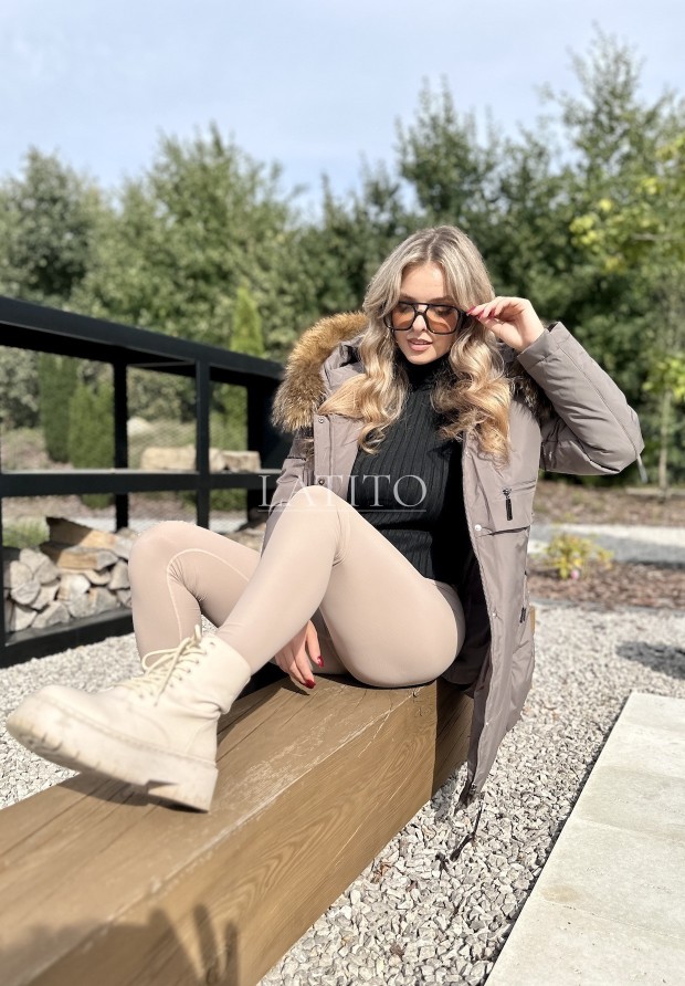 Długa kurtka z naturalnym futerkiem Neck Brown